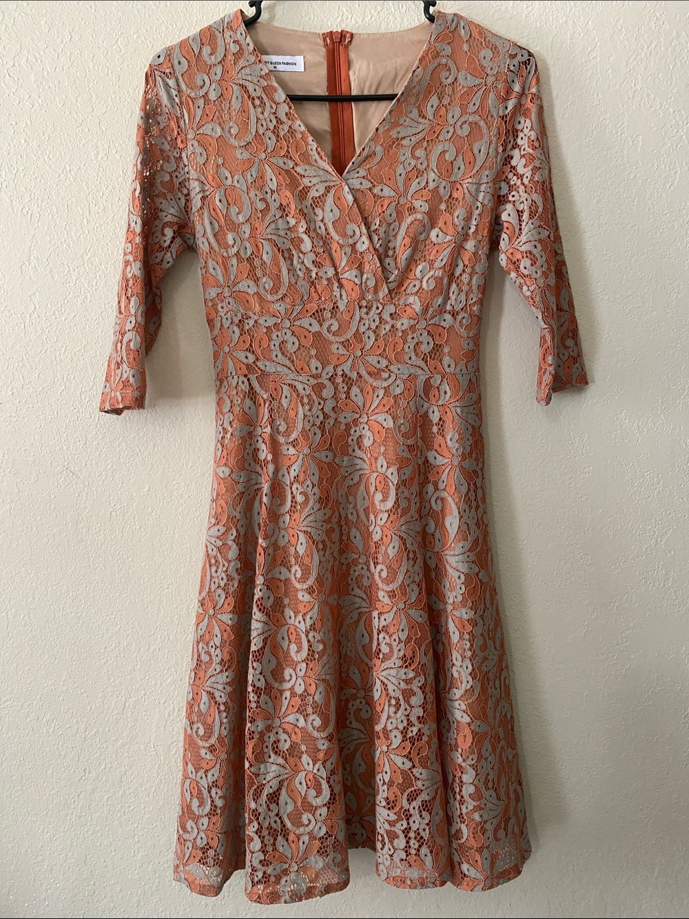 Women's Lace Overlay Fit-and-Flare Dress in Rust Orange and Light Blue - Picture 2 of 13